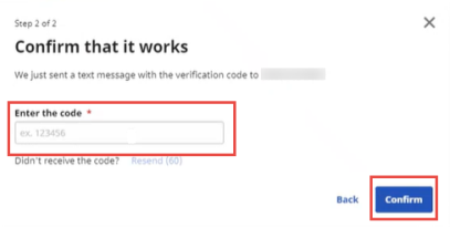 In the image, the Enter the code field displays at center for code entry. The Confirm button displays at bottom right.
